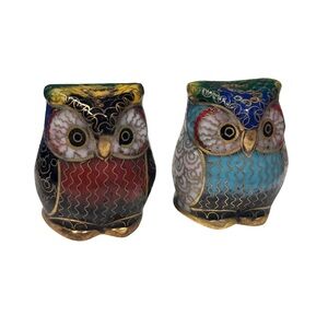 Pair of Vintage Cloisonné Owl Salt & Pepper Shakers